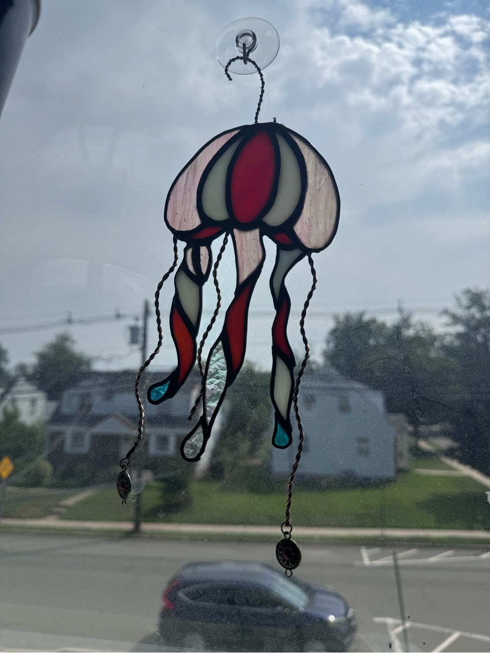 Stained Glass Jellyfish Suncatcher - Red, Pink & Teal - Picture 2 of 4